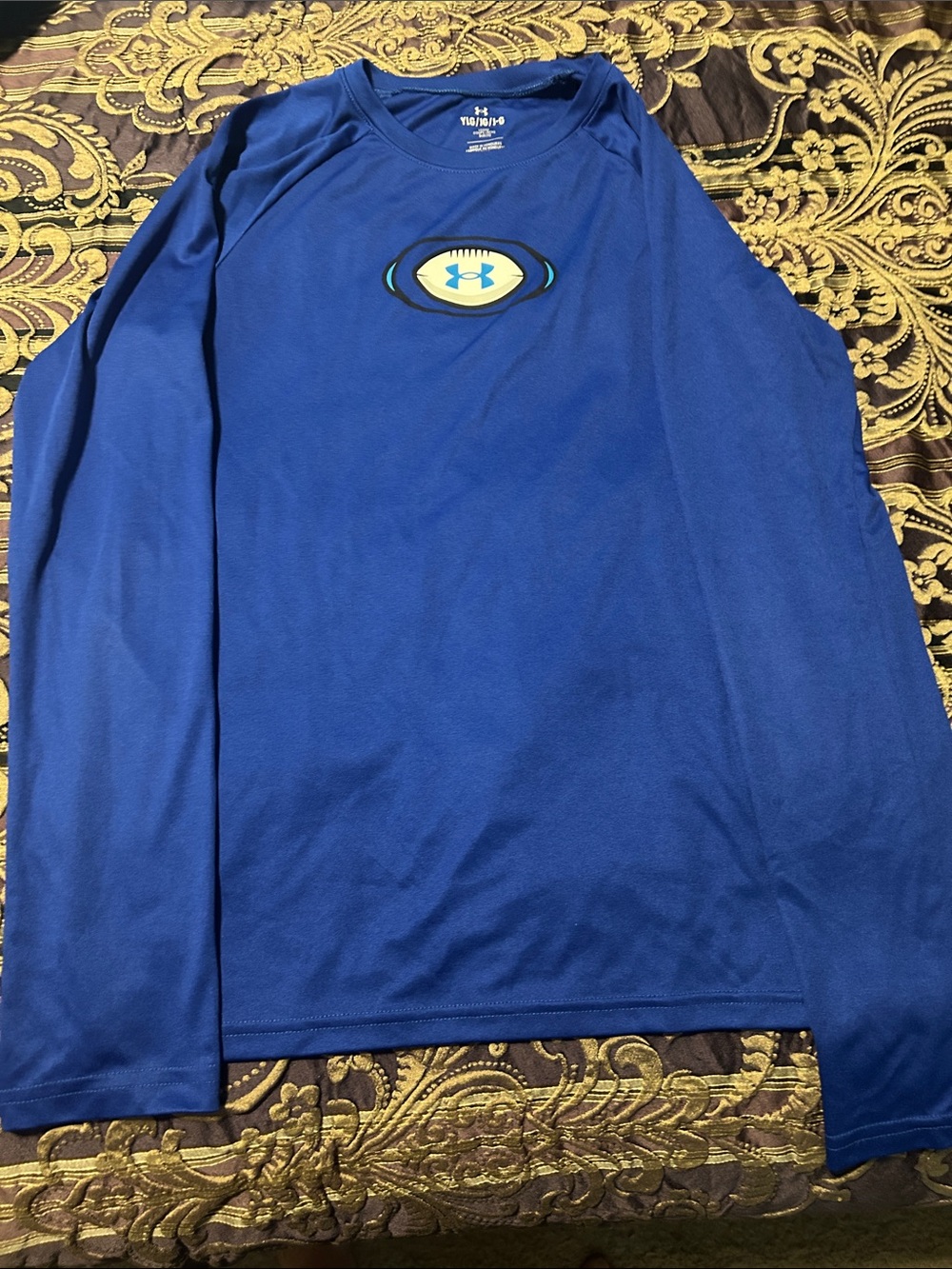 Under Armour Youth L LS Tech Tee in Royal Blue with Football Logo Like New